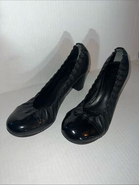 Tory Burch Black Ruched Leather Block Heel Pumps
